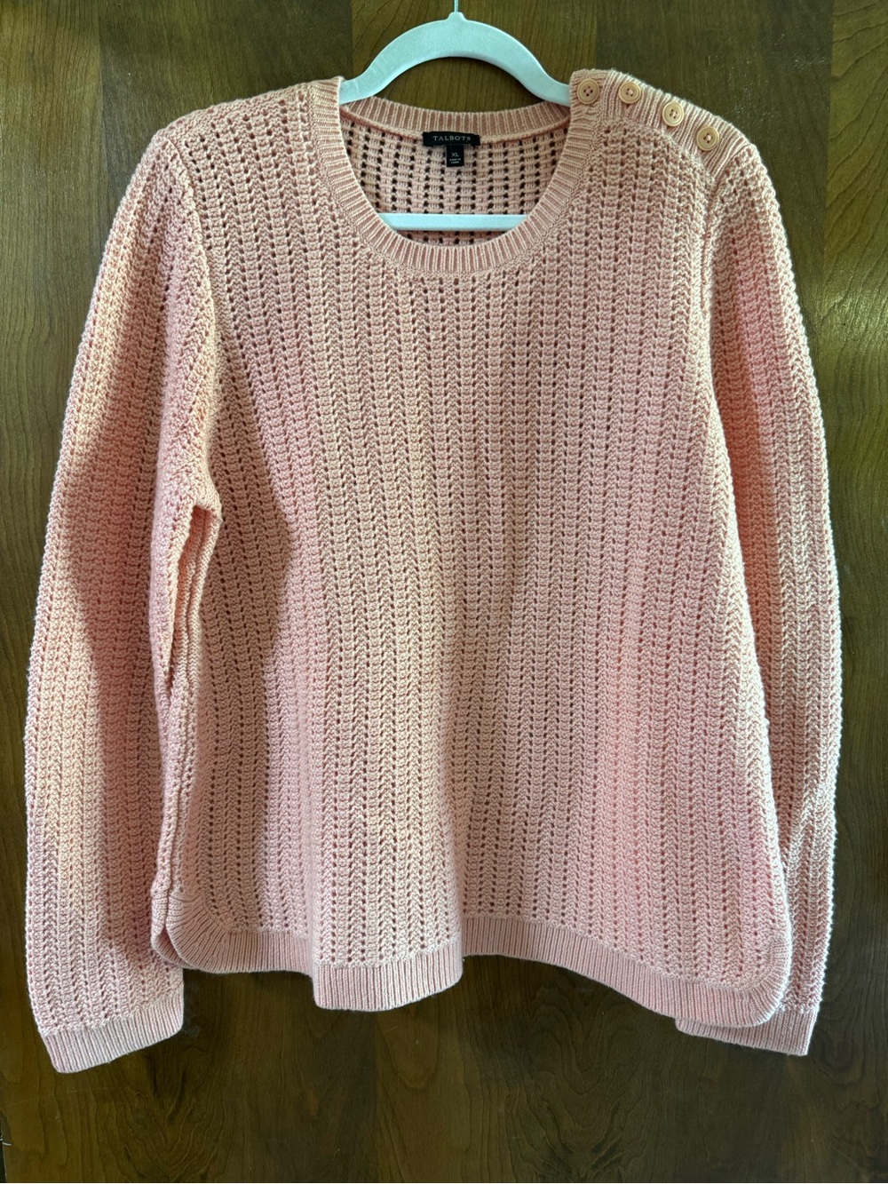 Talbots Peach Open-Stitch Crewneck Sweater with Shoulder Buttons